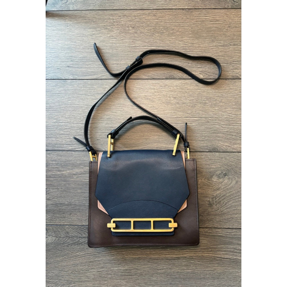 Zac Posen Katie Satchel Crossbody Leather Structured Top Handle Bag Purse Navy - Picture 5 of 16